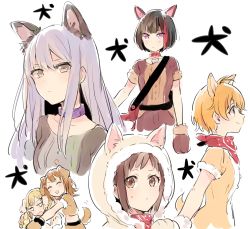Rule 34 | 3:, 6+girls, :d, ^ ^, animal collar, animal ears, animal hands, bag, bandana, blonde hair, bone, brown eyes, brown hair, chinese zodiac, closed eyes, collar, commentary, dog ears, dog paws, dog tail, gloves, highres, hug, jitome, light frown, multiple girls, musshu (omu001), open mouth, orange hair, original, paw gloves, purple collar, purple eyes, red bandana, red collar, red neckwear, shoulder bag, silver hair, simple background, smile, tail, v-shaped eyebrows, wavy mouth, white background, year of the dog
