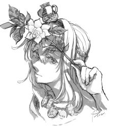 Rule 34 | 1girl, braid, closed mouth, crown, flower, french braid, gardenia (flower), greyscale, hair between eyes, holding, holding flower, jewelry, kantai collection, leaf, long hair, looking at viewer, mini crown, monochrome, necklace, portrait, signature, simple background, solo, warspite (kancolle), yamada rei (rou)