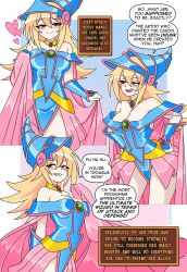 Rule 34 | 1girl, absurdres, arched back, arm guards, bare shoulders, blonde hair, blue leotard, blush stickers, breasts, brooch, cape, cape grab, cleavage, conical hat, dark magician girl, gem, gold choker, green eyes, green gemstone, grin, half-closed eyes, hands on own hips, hat, highres, holding, holding cape, holding clothes, jewelry, large breasts, leotard, long eyelashes, long hair, naughty face, neck ring, nico-neko, pale skin, pink cape, pointy hair, red gemstone, sidelocks, smile, smug, solo, strapless, strapless leotard, very long cape, wizard hat, yellow gemstone, yu-gi-oh!