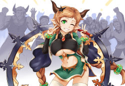 Rule 34 | 1girl, 5boys, ;d, bracelet, braid, breasts, brown hair, carmelina (granblue fantasy), cheering, clothing cutout, double v, draph, dress, gem, granblue fantasy, green dress, green eyes, grin, hair ornament, holding, holding weapon, horns, jewelry, large breasts, long hair, looking at viewer, multiple boys, nam (valckiry), navel, navel cutout, one eye closed, open mouth, pointy ears, short dress, side slit, smile, thighhighs, twin braids, underboob, underboob cutout, v, very long hair, weapon, wide sleeves