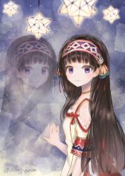 Rule 34 | 1girl, absurdres, asayama, atelier (series), atelier shallie, bad id, bad pixiv id, black hair, blue background, bow, choker, closed mouth, different reflection, dress, hairband, highres, long hair, looking at viewer, purple eyes, red bow, reflection, shallistera (atelier), smile, solo, stellated octahedron, twitter username, upper body