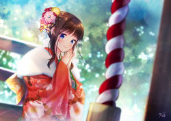 Rule 34 | 1girl, absurdres, ainili, blue eyes, blurry, blurry background, blush, brown hair, closed mouth, commentary request, depth of field, fingernails, flower, fur collar, hair flower, hair ornament, hands up, highres, japanese clothes, kimono, long sleeves, looking at viewer, original, pink flower, print kimono, red flower, red kimono, sidelocks, signature, sleeves past wrists, smile, solo, wide sleeves, yellow flower