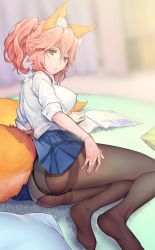 Rule 34 | 1girl, absurdres, animal ear fluff, animal ears, ass, black pantyhose, blue skirt, blurry, blurry background, blush, breasts, commentary request, fate/extella, fate/extra, fate (series), fox ears, fox girl, fox tail, full body, hand on own thigh, highres, large breasts, looking at viewer, looking back, lying, magazine (object), mogullaz, on side, panties, pantyhose, pillow, pink hair, school uniform, shirt, sidelocks, skirt, solo, tail, tamamo (fate), tamamo no mae (fate/extra), tamamo no mae (jk) (fate), thighs, twintails, underwear, white shirt, yellow eyes