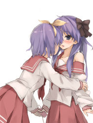 Rule 34 | 00s, 2girls, bare shoulders, blue eyes, blush, bow, collarbone, eye contact, hair bow, hair ribbon, hiiragi kagami, hiiragi tsukasa, incest, long hair, looking at another, lucky star, multiple girls, nervous, off shoulder, open mouth, pleated skirt, purple hair, remote control vibrator, ribbon, school uniform, serafuku, sex toy, short hair, siblings, simple background, sisters, skirt, tears, twincest, twins, twintails, undressing, vibrator, xiao qiang (overseas), yuri