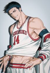 Rule 34 | 14ho sd, 1boy, abs, basketball jersey, basketball uniform, black eyes, black hair, clothes lift, clothes pull, cowboy shot, drop shadow, grey background, hand on own hip, jacket, jacket partially removed, lifted by self, looking at viewer, male focus, midriff peek, mitsui hisashi, navel, pectoral cleavage, pectorals, pulled by self, scar, scar on chin, scar on face, shirt lift, shirt pull, short hair, shorts, simple background, slam dunk (series), smile, solo, sportswear, tank top, toned, toned male, white jacket, white shorts, white tank top
