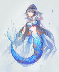 Rule 34 | 1girl, :d, absurdres, air bubble, black hair, blue eyes, blush, bubble, colored inner hair, fins, full body, hand up, head fins, heterochromia, highres, long hair, looking at viewer, mermaid, monster girl, multicolored hair, nail polish, navel, open mouth, orange hair, original, scales, shi-ro, smile, solo, yellow eyes