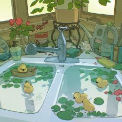 Rule 34 | artist name, bird, commentary, duck, duckling, english commentary, faucet, flower, frog, highres, indoors, leaf, lily pad, no humans, original, plant, poqu, potted plant, procreate (medium), red flower, sink, soap dispenser, sponge, window