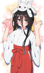 Rule 34 | 1girl, bell, black hair, blush stickers, border, chuugoku usagi, commentary request, cowboy shot, fading border, grey eyes, hair bell, hair between eyes, hair ornament, hakama, hands up, highres, japanese clothes, jitome, kimono, long bangs, long hair, looking at viewer, miko, miriota, multicolored background, object on head, open mouth, outside border, pink background, rabbit pose, rabbit symbol, red hakama, solo, star (symbol), stuffed animal, stuffed rabbit, stuffed toy, very long hair, voicevox, white kimono, yellow background