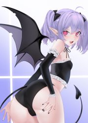 Rule 34 | 1girl, ahoge, ass, black bow, black nails, black panties, bow, cameltoe, demon girl, demon tail, demon wings, detached sleeves, female focus, from behind, hair bow, hand on own ass, highres, looking at viewer, nail polish, ompf, open mouth, original, panties, pink eyes, pointy ears, purple hair, solo, tail, twintails, underwear, wings
