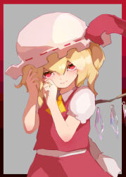 Rule 34 | 1girl, ascot, blonde hair, cowboy shot, crystal, flandre scarlet, grey background, hand up, hat, highres, kabochamaronpie, red eyes, short hair, simple background, solo, touhou, yellow ascot