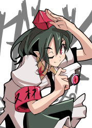 Rule 34 | 1girl, armband, aya shachou, camera, commentary, double spoiler, female focus, hat, looking at viewer, necktie, one eye closed, pointy ears, red eyes, salute, shameimaru aya, skirt, smile, solo, tokin hat, touhou, wink