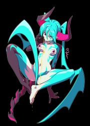 Rule 34 | 1girl, absurdres, apple, aqua hair, black background, blue skin, breasts, colored skin, completely nude, demon girl, demon horns, demon tail, eating, extra eyes, food, fruit, full body, hair censor, hatsune miku, highres, horns, long hair, medium breasts, mmmalice, nail polish, navel, nude, pink eyes, pink nails, pointy ears, solo, tail, toenail polish, toenails, twintails, very long hair, vocaloid