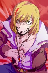 Rule 34 | 10s, 1boy, 91 days, belt, blonde hair, collarbone, eyebrows, facial hair, fango, grin, highres, jacket, jewelry, male focus, necklace, parted lips, rin nukonuko, smile, solo