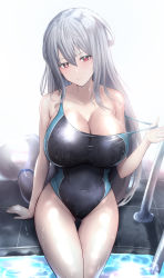 Rule 34 | 1girl, absurdres, arknights, bare shoulders, black one-piece swimsuit, blush, breasts, cleavage, closed mouth, clothes pull, commentary request, competition swimsuit, covered navel, grey hair, hair between eyes, hand up, highleg, highleg swimsuit, highres, large breasts, long hair, looking at viewer, one-piece swimsuit, one-piece swimsuit pull, poni (poni arknights), pool, red eyes, sitting, skadi (arknights), smile, soaking feet, solo, swimsuit, thighs, tile floor, tiles, two-tone swimsuit, very long hair, wet, white hair