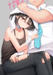 Rule 34 | 1boy, 1girl, absurdres, bandaged arm, bandaged neck, bandages, black hair, blue archive, denim, drying, drying hair, ear piercing, earrings, halo, hidden eyes, highres, jeans, jewelry, misaki (blue archive), necktie, pants, piercing, pink eyes, pulling at clothes, sensei (blue archive), short hair, tank top, tears, torn clothes, towel