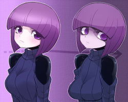 Rule 34 | 1girl, :&lt;, bad id, bad pixiv id, bags under eyes, before and after, blush, bob cut, breasts, detached sleeves, empty eyes, frown, impossible clothes, impossible shirt, looking at viewer, medium breasts, multiple views, necro-chan (spacezin), original, pale skin, purple background, purple eyes, purple hair, ribbed sweater, ringed eyes, shaded face, shirt, short hair, simple background, smile, spacezin, sweater, transformation, turtleneck