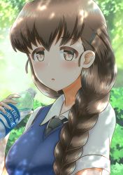 Rule 34 | 1girl, :o, absurdres, artist name, black necktie, blue sweater, blurry, blurry background, blush, bottle, braid, brown eyes, brown hair, commentary, dappled sunlight, dated, day, depth of field, dress shirt, english text, girls und panzer, hair ornament, hair over shoulder, hairclip, highres, holding, holding bottle, huge filesize, io-catalyst, long hair, looking at viewer, necktie, outdoors, parted lips, rukuriri (girls und panzer), school uniform, shirt, short sleeves, signature, single braid, solo, st. gloriana&#039;s school uniform, summer uniform, sunlight, sweater, sweater vest, upper body, v-neck, water bottle, white shirt, wing collar