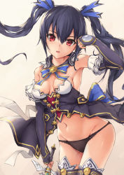 Rule 34 | 10s, 1girl, :d, bare shoulders, beige background, black hair, black panties, blue bow, blue bowtie, blue ribbon, blush, bow, bowtie, breasts, breasts apart, bridal gauntlets, cowboy shot, detached collar, detached sleeves, dress, floating hair, groin, hair between eyes, hair ornament, hair ribbon, holding, holding sword, holding weapon, legs together, long hair, looking at viewer, navel, neptune (series), noire (neptunia), open mouth, panties, parfaitlate, red eyes, ribbon, sideboob, small breasts, smile, solo, stomach, sword, thighhighs, twintails, underwear, very long hair, weapon