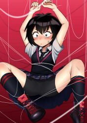 Rule 34 | 1girl, absurdres, arms up, bike shorts, bike shorts under skirt, black footwear, black hair, black necktie, black shorts, black socks, black sweater vest, blush, bound, bound ankles, bound knees, bound torso, bound wrists, breasts, brown eyes, closed mouth, collared shirt, commentary, constricted pupils, curled fingers, dress shirt, embarrassed, english commentary, eyelashes, full body, hair between eyes, halftone texture, hanasaki yunarin, hanging, high tops, highres, looking afar, looking ahead, m legs, marvel, necktie, nose blush, peni parker, plaid, plaid skirt, pleated skirt, purple skirt, red background, restrained, school uniform, shirt, shoes, short hair, short sleeves, shorts, shorts under skirt, silk, skirt, small breasts, sneakers, socks, solo, spider-man: into the spider-verse, spider-man (series), spider-verse, spider web, spread legs, stuck, sweatdrop, sweater vest, tied up (nonsexual), unamused, unmoving pattern, white shirt