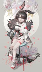 Rule 34 | 1girl, :q, absurdres, animal ears, april (arknights), arknights, asymmetrical sleeves, balloon, bar stool, black gloves, black hair, bow (weapon), cassette tape, collared dress, compound bow, cosmetics, dress, fingerless gloves, gloves, grey eyes, hairband, highres, ji mag (artist), lipstick tube, long hair, long sleeves, looking at viewer, mixed-language commentary, petals, rabbit ears, rabbit girl, shoes, single fingerless glove, sitting, sneakers, solo, stool, thigh strap, tongue, tongue out, uneven sleeves, weapon, white dress, white footwear, white legwear, wristband