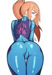 Rule 34 | 1girl, absurdres, arched back, ass, bent over, blonde hair, blue bodysuit, blue eyes, bodysuit, cameltoe, closed mouth, distr, highres, leaning forward, long hair, looking at viewer, looking back, metroid, nintendo, ponytail, samus aran, signature, simple background, solo, thigh gap, tight clothes, white background, zero suit
