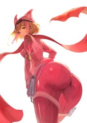 Rule 34 | 1girl, absurdres, ass, bad id, bad pixiv id, blonde hair, bodysuit, brown eyes, djeeta (granblue fantasy), from below, goggles, goggles on head, granblue fantasy, highres, red theme, scarf, simple background, solo, takup, white background