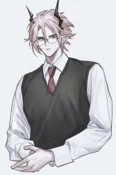 Rule 34 | 1boy, arknights, bespectacled, collared shirt, earrings, glasses, highres, horns, jewelry, long sleeves, looking at viewer, male focus, necktie, pienahenggou, pink hair, pointy ears, red eyes, red necktie, shirt, short hair, simple background, solo, sweater vest, theresis (arknights), upper body, v-shaped eyebrows, white background, white shirt