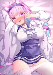 Rule 34 | 1girl, @ @, ahoge, anchor symbol, animal ears, arm up, bed sheet, blue bow, blue hair, blue hairband, blue nails, blue sailor collar, blue skirt, blush, bow, braid, breasts, cameltoe, cat ears, cat girl, cat tail, clothes pull, commentary request, frilled sailor collar, frills, gmkj, hairband, highres, hololive, jacket, long sleeves, medium breasts, minato aqua, minato aqua (sailor), multicolored hair, nail polish, nose blush, open clothes, open jacket, panties, pantyhose, pantyhose pull, parted lips, pink hair, pleated skirt, puffy long sleeves, puffy sleeves, purple eyes, sailor collar, shirt, skirt, solo, tail, twin braids, two-tone hair, underwear, virtual youtuber, wavy mouth, white jacket, white panties, white pantyhose, white shirt