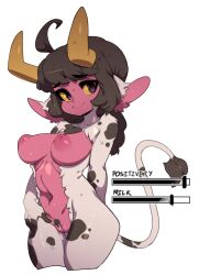 Rule 34 | 1girl, absurdres, ahoge, animal ears, animal print, breast slider, breasts, brown hair, character request, cleft of venus, closed mouth, colored sclera, completely nude, copyright request, cow print, cow tail, cowboy shot, cropped legs, english text, female pubic hair, highres, horns, large breasts, long hair, looking at viewer, navel, nipples, no pupils, nude, pubic hair, puffy nipples, purple eyes, pussy, simple background, slugbox, smile, solo, sweat, tail, white background, yellow sclera