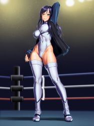 Rule 34 | 1girl, :d, arm up, blue hair, boots, boxing ring, breasts, cameltoe, covered erect nipples, covered navel, duplicate, full body, green eyes, groin, highleg, highleg leotard, highres, jacket, large breasts, leotard, looking at viewer, nail polish, nikita varb, open mouth, original, smile, solo, thigh boots, thighhighs, thighs