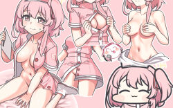 Rule 34 | 1girl, blue archive, blush, breasts, buttons, closed mouth, collarbone, doodle sensei (blue archive), groin, halo, hat, jazz jack, medium breasts, multiple views, navel, nurse cap, one side up, open clothes, pink eyes, pink hair, pink headwear, sensei (blue archive), serina (blue archive), serina (nurse) (blue archive), short hair, short sleeves, yellow halo