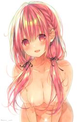 Rule 34 | 1girl, :d, braid, breasts, censored, cleavage, collarbone, commentary request, completely nude, hair between eyes, hair ornament, highres, hinako note, leaning forward, long hair, looking at viewer, march-bunny, medium breasts, navel, nipples, nude, open mouth, orange eyes, orange hair, sakuragi hinako, sidelocks, simple background, smile, solo, standing, twin braids, twitter username, white background