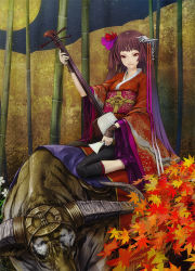 Rule 34 | 1girl, bamboo, bamboo forest, blunt bangs, brown hair, forest, gradient hair, hair ornament, hairpin, horns, instrument, japanese clothes, kimono, leaf, long hair, maple leaf, multicolored hair, nature, original, plectrum, red eyes, redjuice, shamisen, solo, very long hair, yukata