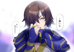 Rule 34 | 1boy, aged down, bandage over one eye, blue scarf, bridal gauntlets, brown hair, date masamune (sengoku basara), hair over one eye, looking to the side, male focus, parted lips, portrait, scarf, sengoku basara, short hair, siso zakura03, slit pupils, snowing, solo, speech bubble, translation request, white background, yellow eyes