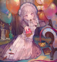 Rule 34 | 1girl, ahoge, apron, balloon, book, candy, candy wrapper, cha goma, chair, chocolate, chocolate bar, chromatic aberration, eating, food, food on face, highres, long sleeves, looking at viewer, maid, maid apron, maid headdress, on ground, original, outstretched arm, purple eyes, religious offering, short hair, silver hair, solo, white apron