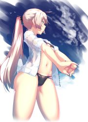 Rule 34 | 1girl, bikini, black bikini, blue eyes, blue sky, breasts, closed mouth, contrapposto, cowboy shot, day, dev (dev0614), from below, from side, hair ornament, hair scrunchie, half-closed eyes, highres, interlocked fingers, light brown hair, long hair, looking afar, looking away, nail polish, navel, outdoors, own hands clasped, own hands together, ponytail, scrunchie, sky, small breasts, solo, standing, stomach, strap gap, stretching, swimsuit
