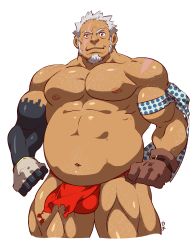 Rule 34 | 1boy, abs, absurdres, amatsumara (housamo), bara, belly, black skin, bulge, chest hair, colored skin, cropped legs, dark-skinned male, dark skin, eyebrow cut, facial hair, fat, fat man, goatee, heterochromia, highres, large pectorals, leg hair, loincloth, long sideburns, male focus, male underwear, mature male, muscular, muscular male, navel, navel hair, nipples, old, old man, pectorals, pelvic curtain, red eyes, red male underwear, scar, scar across eye, scar on face, shirako (kirupi), short hair, sideburns, smile, solo, stomach, stubble, thick eyebrows, thick thighs, thighs, tokyo houkago summoners, topless male, underwear, underwear only