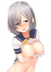 Rule 34 | 10s, 1girl, absurdres, blue eyes, breasts, eyes visible through hair, gloves, hair ornament, hair over one eye, hairclip, hamakaze (kancolle), highres, hoshimiya aki, kantai collection, lactation, large breasts, nipples, short hair, silver hair, simple background, solo, wavy mouth, white gloves