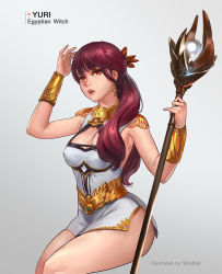 Rule 34 | 1girl, 2016, ankh, ankh earrings, armor, armored dress, armpit crease, armpits, artist name, belt, bracer, breasts, center opening, character name, cleavage, cleavage cutout, clothing cutout, covered erect nipples, dress, earrings, feet out of frame, gold armor, gold trim, gorget, gradient background, hair ornament, hand on own head, high belt, jewelry, long hair, looking away, magic, microdress, original, parted lips, pinky out, red eyes, red hair, revealing clothes, shoulder armor, side slit, sleeveless, sleeveless dress, solo, staff, swept bangs, teeth, thighs, trung nguyen (windboi), twintails, upper teeth only, white background, white dress, yuri (windboi)