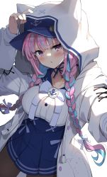 Rule 34 | 1girl, absurdres, baseball cap, blue choker, blue hair, blue hat, blue skirt, blush, braid, breasts, brown pantyhose, choker, commentary, darjeeling (reley), hat, high-waist skirt, highres, hololive, hood, hood up, hooded jacket, jacket, large breasts, long hair, long sleeves, looking at viewer, minato aqua, minato aqua (sailor), multicolored hair, pantyhose, parted lips, pink eyes, pink hair, ribbon choker, shirt, skirt, solo, standing, twin braids, twintails, two-tone hair, very long hair, virtual youtuber, white background, white jacket, white shirt
