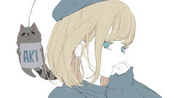 Rule 34 | 1girl, beret, blonde hair, blue eyes, blue hat, blue shirt, covering own mouth, earrings, from side, hand on own chin, hat, highres, holding, holding sign, jewelry, long bangs, long sleeves, looking at viewer, no pupils, nocopyrightgirl, original, pale skin, portrait, raccoon, shirt, sidelocks, sign, simple background, sleeve cuffs, solo, stud earrings, white background