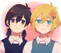 Rule 34 | 1boy, 1girl, antenna hair, aqua eyes, basil (faraway) (omori), basil (omori), black eyes, black hair, black sweater vest, blonde hair, blush, closed mouth, collared shirt, flower, furrowed brow, genderswap, genderswap (mtf), green sweater vest, hair flower, hair ornament, highres, looking at viewer, nekonabe, omori, orange flower, shirt, short hair, short twintails, simple background, smile, sunny (omori), sweater vest, twintails, white shirt