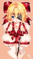 Rule 34 | 1girl, areola slip, blonde hair, blue eyes, bow, breasts, covered erect nipples, eyepatch, hair bow, highres, large breasts, looking at viewer, naked ribbon, prince of wales (warship girls r), red ribbon, remodel (warship girls r), ribbon, scissors, shardine, short hair, solo, warship girls r