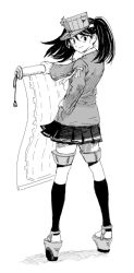 Rule 34 | 1girl, from behind, full body, greyscale, hand on own hip, hiro (chumo), holding, holding scroll, japanese clothes, kantai collection, kariginu, kneehighs, looking back, miniskirt, monochrome, platform footwear, pleated skirt, ryuujou (kancolle), scroll, skirt, socks, solo, twintails, visor cap