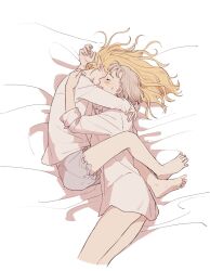 Rule 34 | 2girls, barefoot, bed sheet, blonde hair, bloomers, blush, bottomless, closed eyes, couple, covered face, cropped legs, cuddling, dungeon meshi, ear blush, elf, falin touden, feet, frilled shorts, frills, from side, grey hair, grey shorts, hands up, happy, highres, hug, korean commentary, leg lock, long hair, lying, marcille donato, multiple girls, naked shirt, on bed, on side, pointy ears, shirt, short hair, shorts, sleepwear, sleeves rolled up, smile, sweatdrop, toes, underwear, white shirt, yujualsuspect, yuri