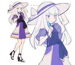 1girl :o alternate_costume black_footwear blush do_m_kaeru dress fire_emblem fire_emblem:_three_houses food full_body hat high_heels holding holding_food holding_popsicle long_hair lysithea_von_ordelia nintendo pink_eyes popsicle purple_dress simple_background solo standing standing_on_one_leg sun_hat toes twitter_username white_background white_hair white_hat