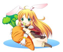 Rule 34 | 1girl, :3, ahoge, animal ears, black bow, black bowtie, blonde hair, blush, boots, bow, bowtie, breasts, brown dress, brown footwear, cape, closed mouth, clover, commentary request, creator (ragnarok online), dress, four-leaf clover, full body, fur-trimmed footwear, fur trim, gloves, green eyes, long hair, looking at viewer, medium breasts, miya (chocolate holic), mouth hold, plunging neckline, rabbit ears, ragnarok online, red cape, short dress, simple background, smile, solo, stuffed carrot, white background, white gloves