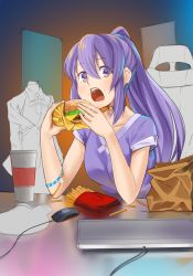 Rule 34 | 1girl, alternate costume, armlet, black choker, blue light, burger, chair, chips (food), choker, clothes on object, cup, desk, disposable cup, eating, elbows on table, fast food, food, food on face, gaming chair, gradient background, hair between eyes, highres, hololive, hololive indonesia, keiraworks, keyboard (computer), long hair, looking at viewer, mannequin, moona hoshinova, mouse (computer), mousepad (object), open mouth, poster (object), potato chips, purple eyes, purple hair, purple shirt, shirt, short sleeves, sitting, swivel chair, v-neck, very long hair, virtual youtuber, yellow eyes