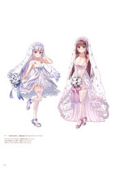 Rule 34 | 2girls, blue eyes, blush, bouquet, breasts, bridal veil, brown hair, choker, cleavage, closed mouth, collarbone, copyright name, dress, earrings, flower, full body, garter straps, hair down, hair flower, hair ornament, hand in own hair, head wreath, high heels, highres, holding, holding bouquet, jewelry, large breasts, long hair, looking at viewer, mole, mole on breast, multiple girls, new game!, official art, page number, pumps, purple eyes, short dress, silver hair, sleeveless, sleeveless dress, small breasts, smile, standing, standing on one leg, suzukaze aoba, takimoto hifumi, thighhighs, tokunou shoutarou, veil, very long hair, wedding dress, white background, white choker, white dress, white flower, white footwear, white legwear, zettai ryouiki