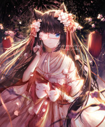 Rule 34 | 1girl, absurdres, animal ears, bad id, bad pixiv id, black hair, blue eyes, blurry, blurry background, blurry foreground, bow, closed mouth, collarbone, commission, eyepatch, fireworks, floating hair, fox ears, fox mask, hair bow, hair ribbon, highres, japanese clothes, kimono, long hair, mask, night, original, outdoors, red bow, red ribbon, ribbon, smile, solo, sparkle, standing, takano jiyuu, twitter username, very long hair, watermark, white kimono